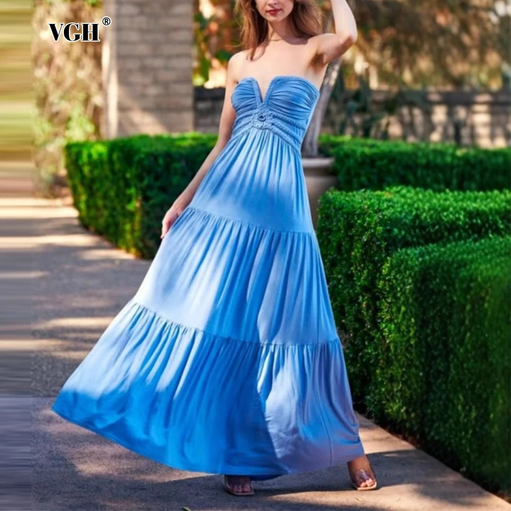 

VGH Elegant Slimming Party Spliced Folds Dress for Women Sweatheart Neck Sleeveless High Wasit Backless Blue Long Dresses Female