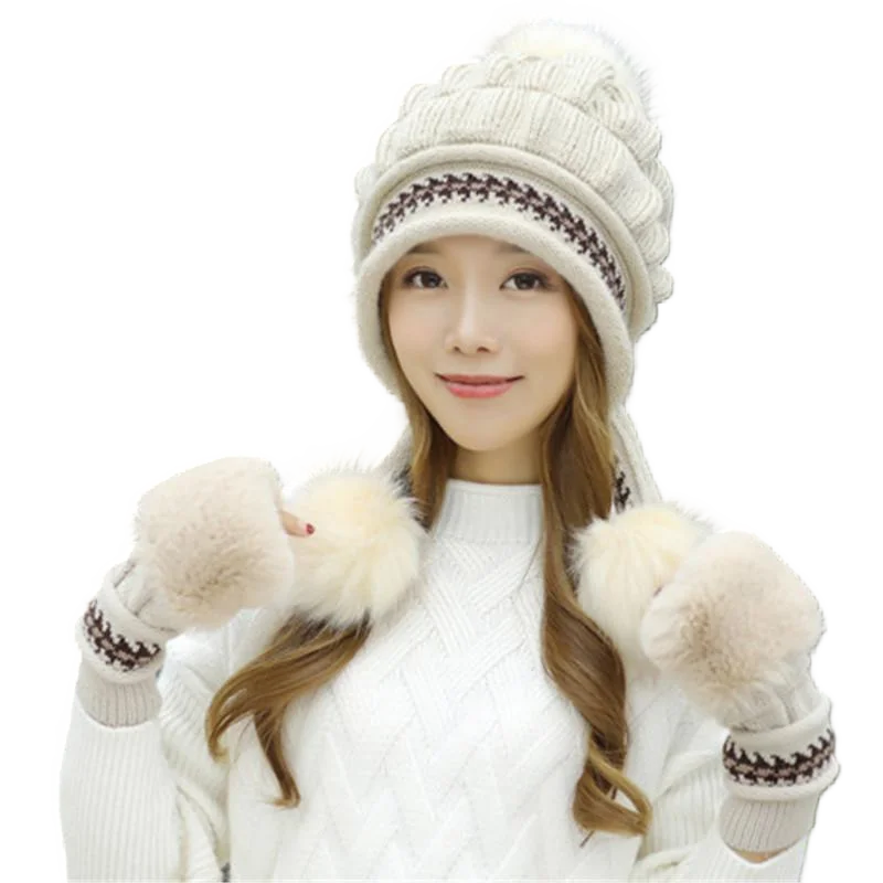 Women's Fashion Winter Beanie Hats with Earflaps & Gloves Set Black Red Pink Beige Blue Beret Knitted Neck Ear Warmer J009