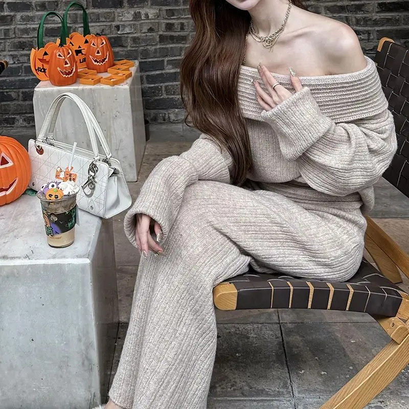 [Two-piece Set] Fashion Commuting Line Loose Temperament Pullover Sweater + Lean High Waist Knitted Casual Solid Color Skirt Set