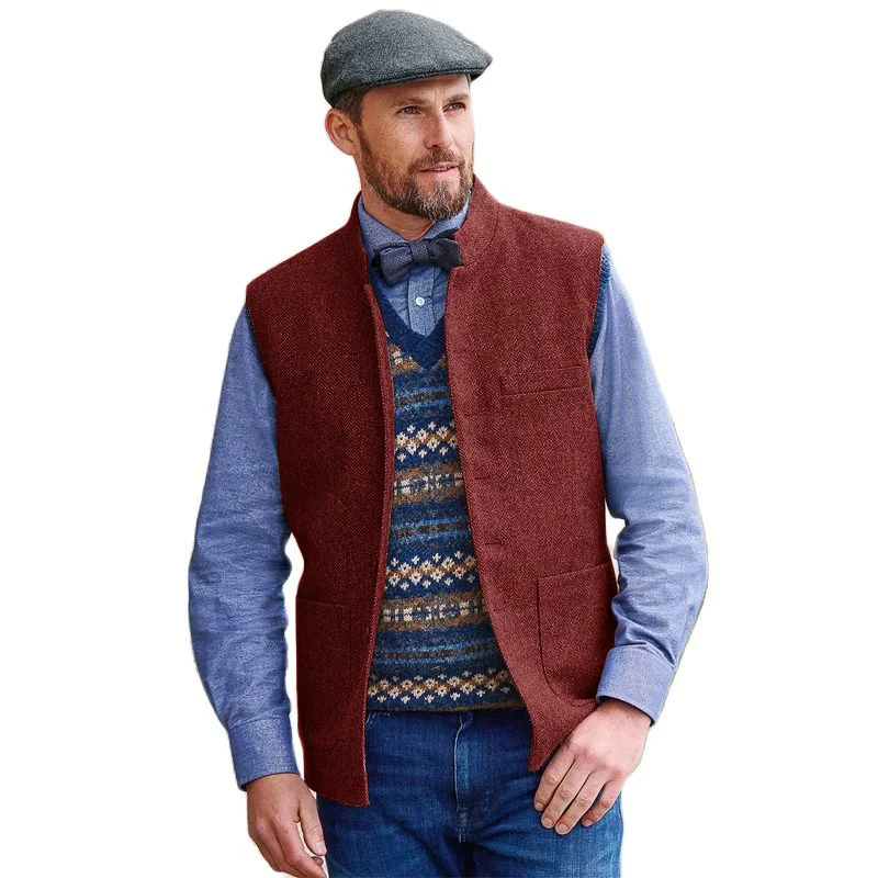 Men\'s Suit Vest Brown Stand Collar Wedding Herringbone Wool Tweed Male Gentleman Business Waistcoat for Groom Costumes 2022