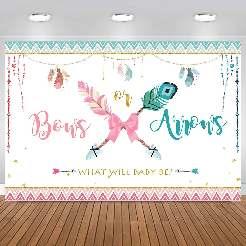 Original Vintage Gender Reveal Decor Backdrop Indian Feather Arrow Ornament Bow Background Boy Girl Birthday Party Photography