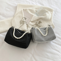 Pearl Full Rhinestone Delicate Handbag Fashion Shiny Gold Party Dinner Bag Shoulder Bag Elegant Silver Women'S Phone Money Purse