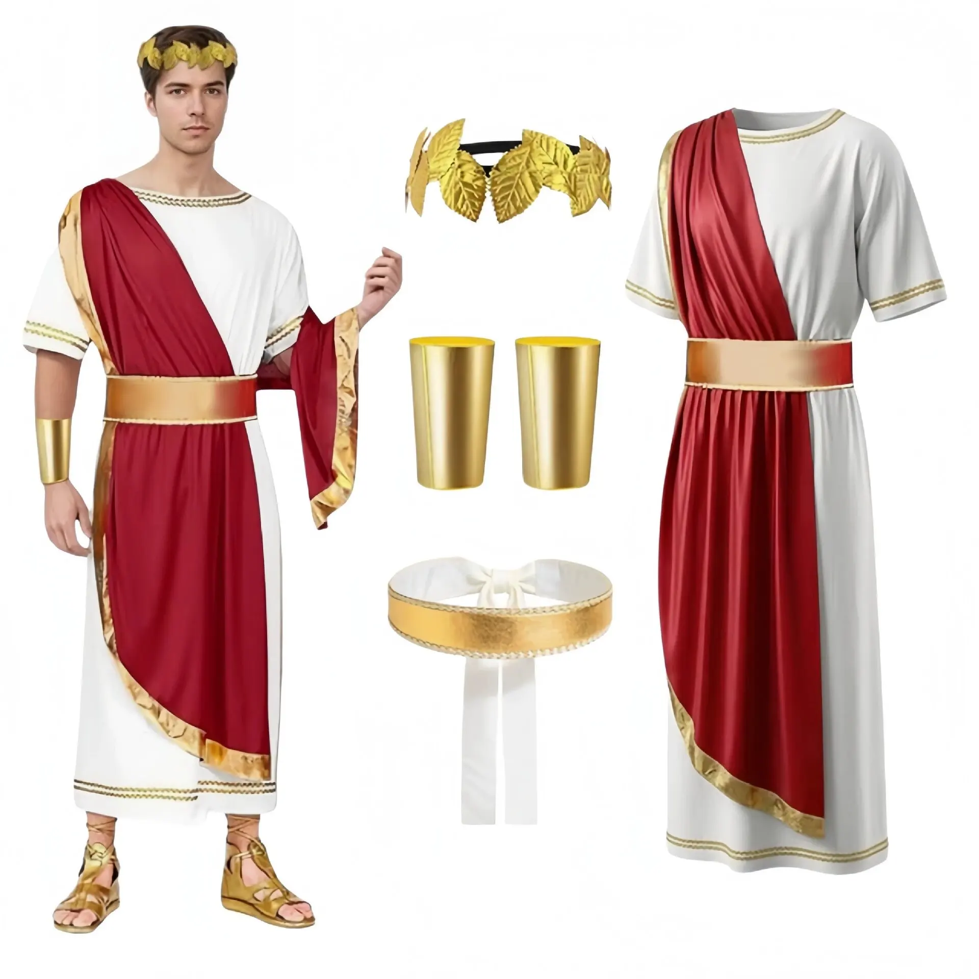 Disfraz de Rey Romano Rojo del Imperio Romano para Hombre, Toga Griega Antigua, Disfraz Retro Dorado para Adultos, Túnica Larga para Cosplay, Fiesta Temática de Carnaval