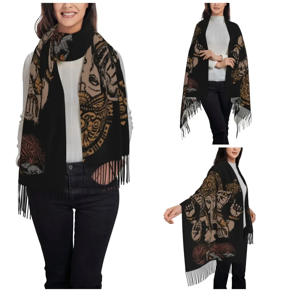 Ganesha 3D Scarf for Women Fall Winter Pashmina Shawls and Wrap Shiva Hindu God India Lingam Long Scarves with Tassel Daily Wear