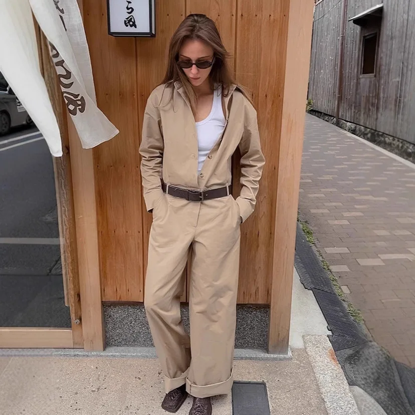 

Хаки, 100% хлопок, осенний женский комбинезон с отложным воротником, средняя талия, комбинезон с заниженными плечами для женщин, повседневные прямые женские брюки