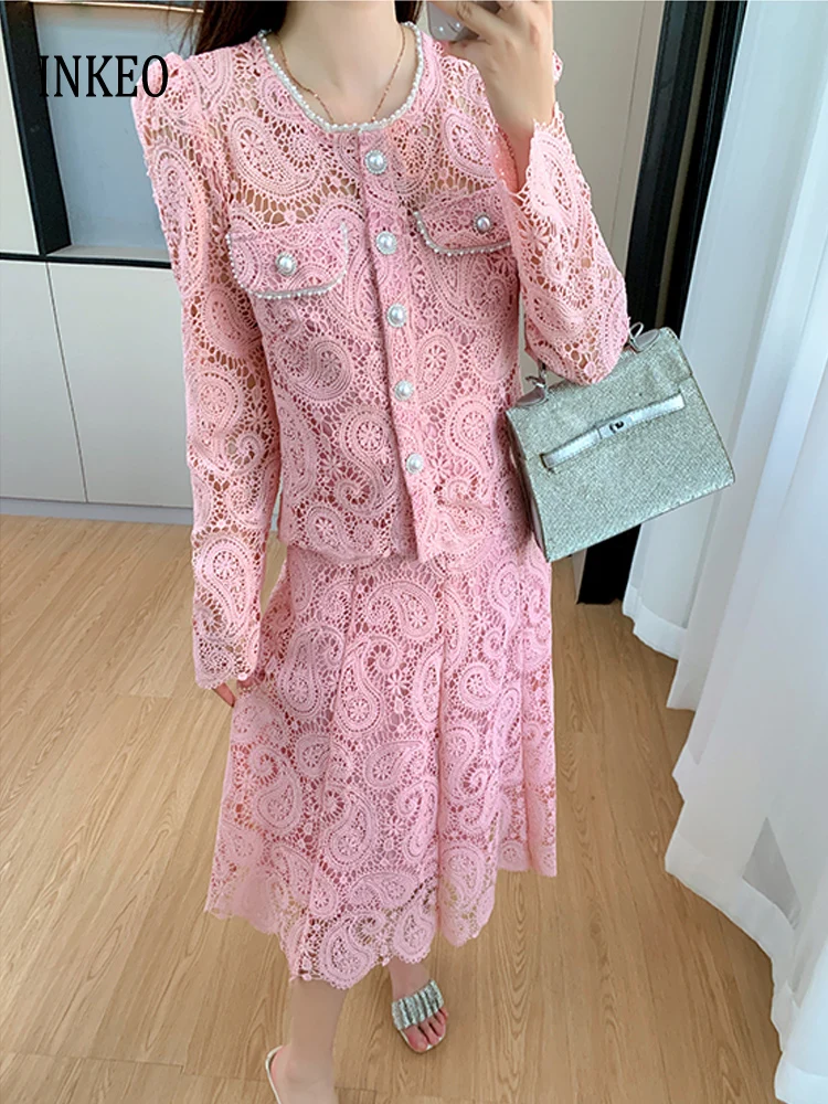 

Luxury Chemical Lace 2 Piece set women's Pink 2025 Spring Summer Hollow out lace shirt and midi skirt Slim Elegant INKEO 5T070