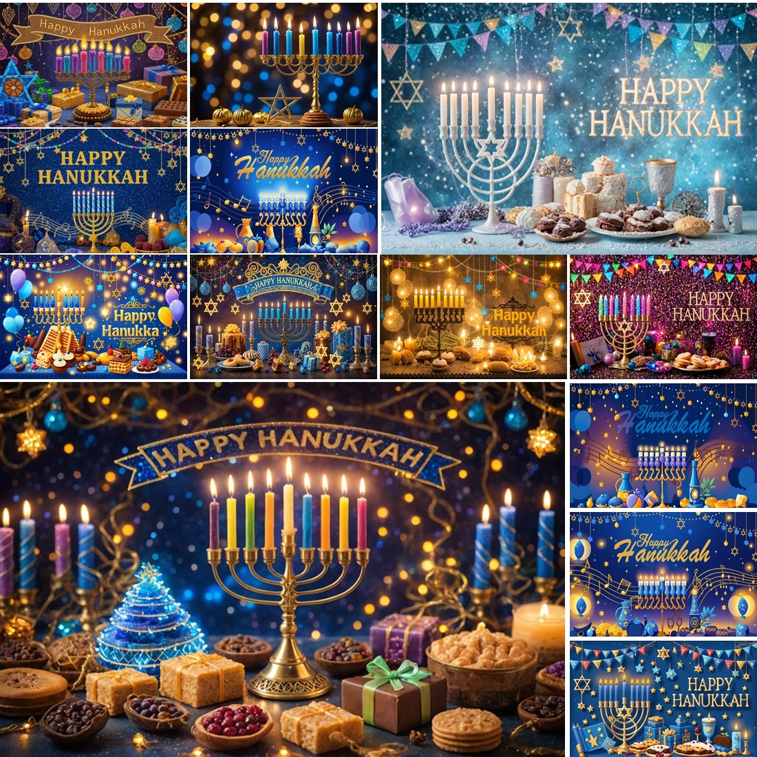

MOON.QG Hanukkah Photography Background Holiday Spreads Gnomes Lit Menorahs Backdrop Photo Booth Children Studio Poster Banner