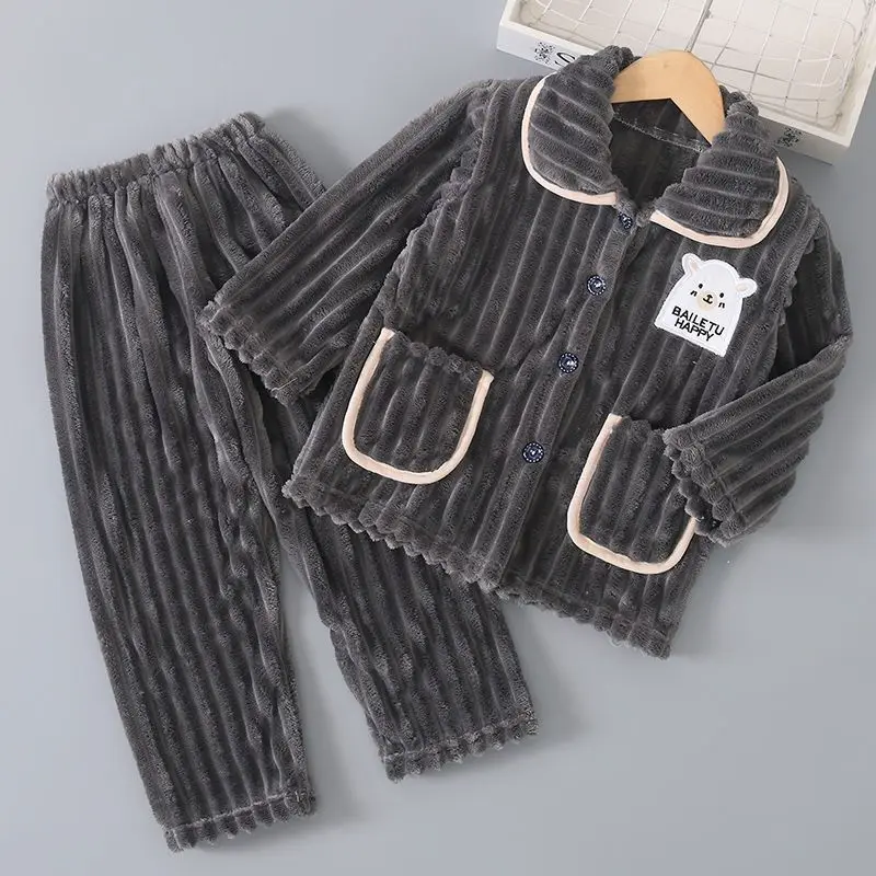 Kids Autumn Winter Soft Flannel Warm Pajamas Sets Baby Cartoon Bear Lapel Coat with Pants Pyjamas Boys Girls Casual Sleepwear
