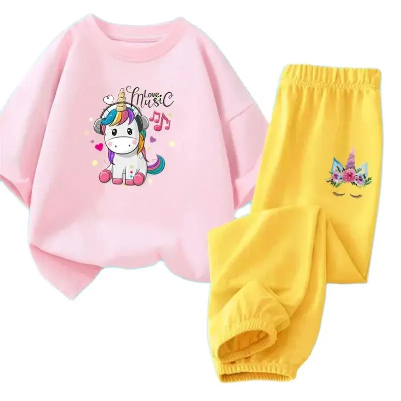 Girls Summer Two-Piece Set New Children's Clothing Cute Unicorn Short-Sleeved T-shirt and Trousers Fashion Suit Teens Tracksuits