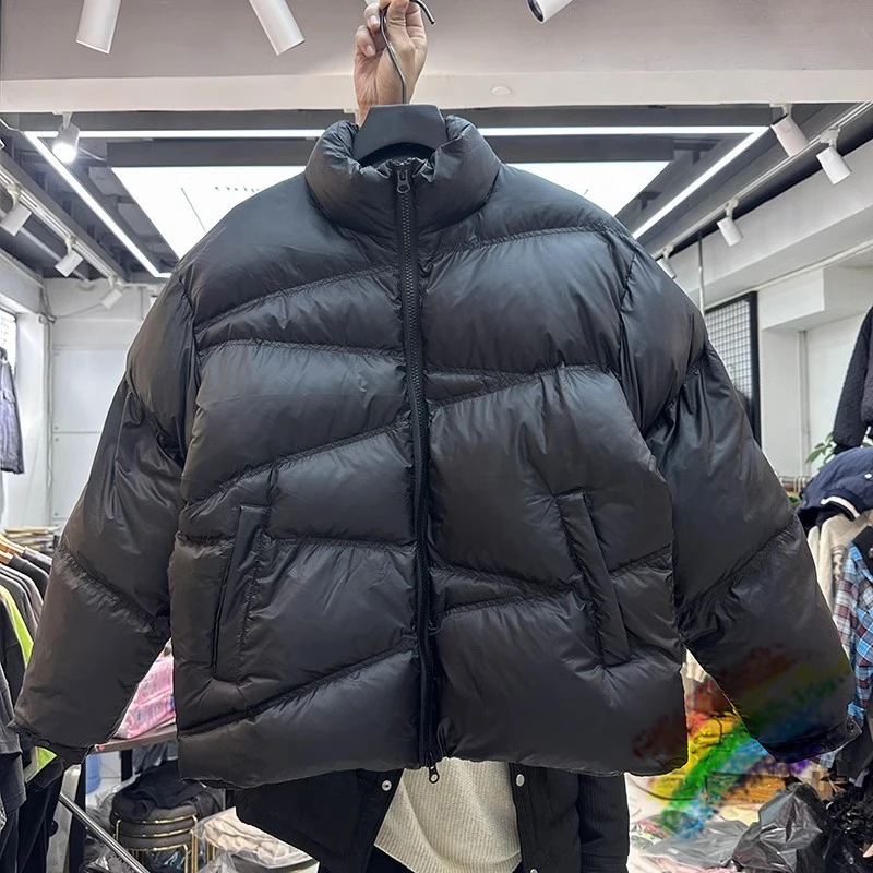 Jaqueta puffer de pão estilo funcional para homens e mulheres, parkas soltas com capuz, casacos de zíper diagonal