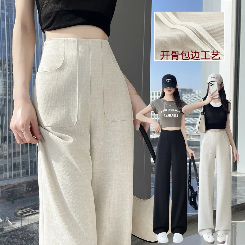 New Women's Imitation Linen Narrow Wide-Leg Suit Pants, Plus Size High Casual Pants With Draped Effect,