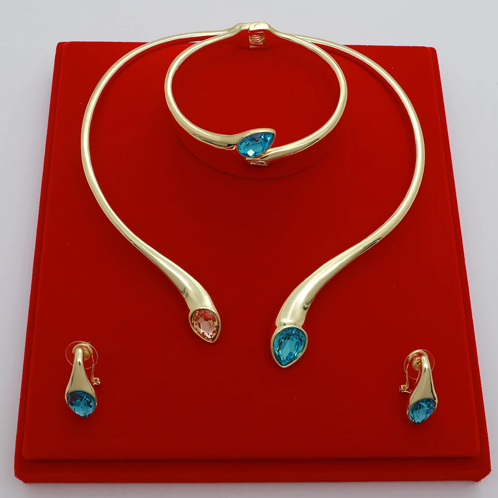 Dubai Gold Color Jewelry Set For Women High Quality 18K Gold Plated Blue Opal Necklace Earring Bracelet 3PCS Set Jewelry Women