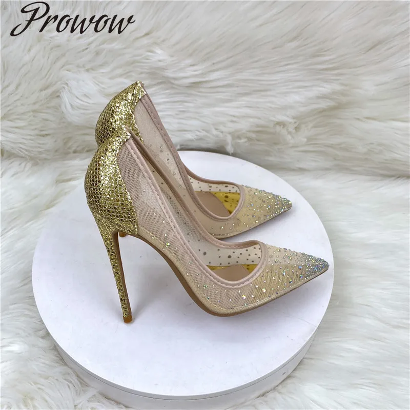 

New gold sequined mesh diamond high heels 12CM pointed thin heel shallow mouth