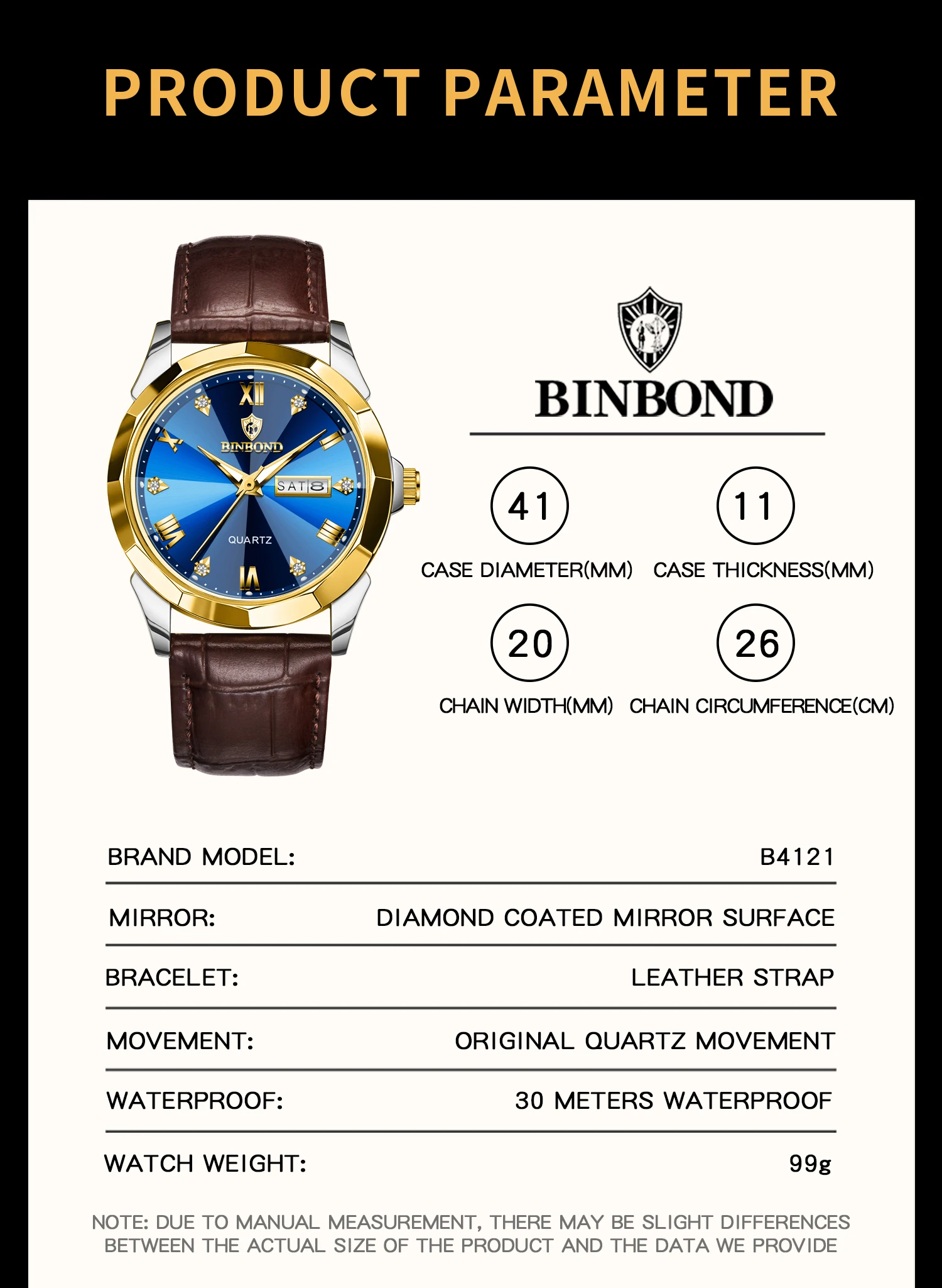BINBOND Original Auto Date Week Display Men's Watch Reloj Hommes Leather Quartz Watches For Men Luxury Luminous Waterproof +Box