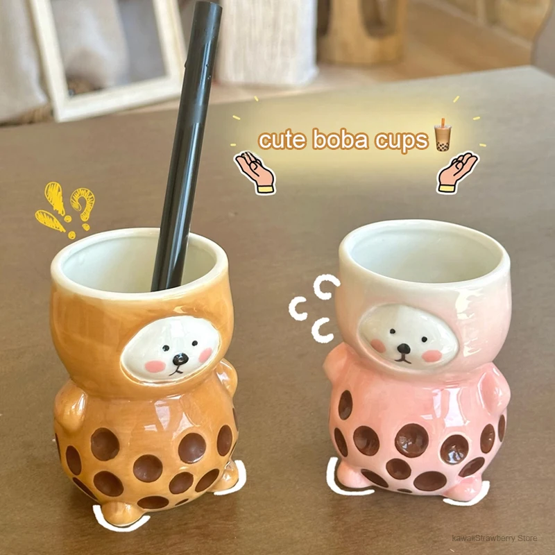 

Cute Boba Bear Coffee Cup With Straw Aesthetic Ceramic Mug For Bubble Milk Tea Water Juice Mocha Lover Breakfast Cup Gift 280ml