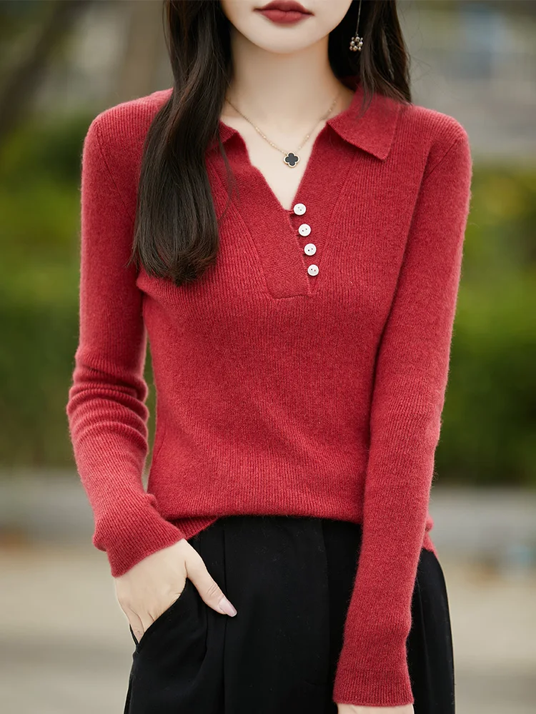 POLO Collar 100% Pure Wool Sweater Women's V-Neck Slim fit Knitted Pullover Casual Inner Thick Blouse Autumn New Cashmere Tops