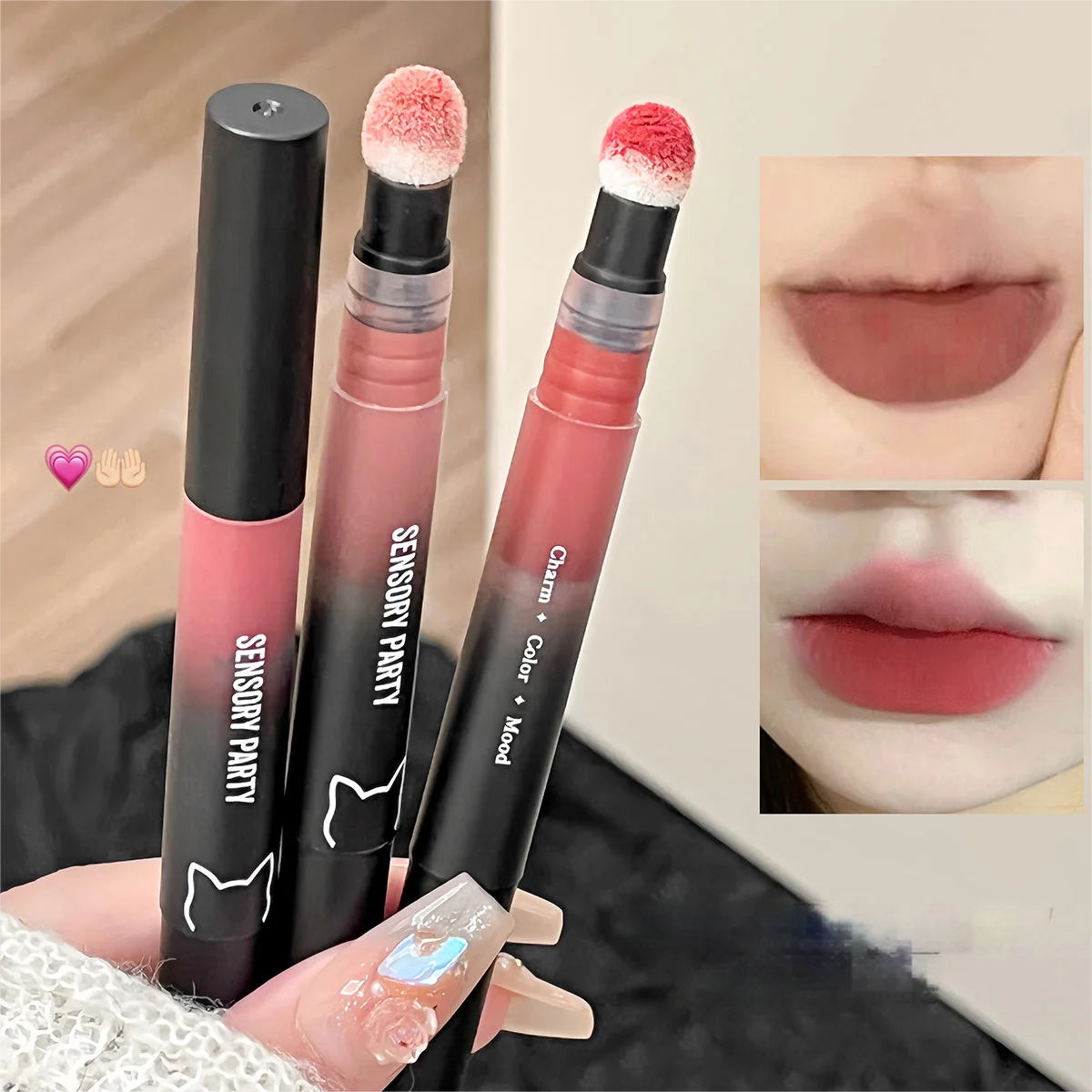 Lucidalabbra opaco in velluto, illumina a lunga durata, tazza antiaderente, fango per labbra dai toni rossastro per l'autunno e l'inverno, design con pennello in peluche