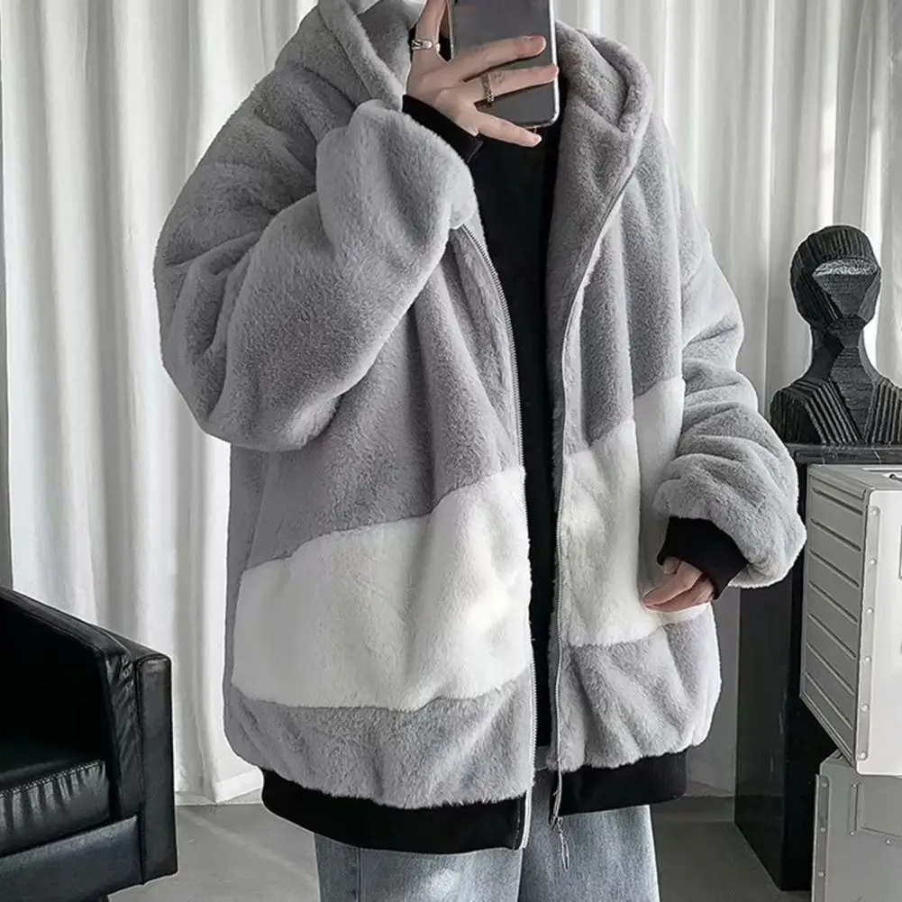 

Men Jacket Contrast Color Plush Zipper Long Sleeve Loose Hip Hop Ribbed Cuff Teddy Bear Hoodie Sweatshirt Coat for Outdoor Tops