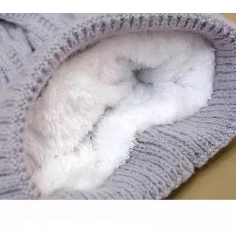 الشتاء المخملية قبعة صوف سميكة الدافئة محبوك قبعة المرأة كبيرة رئيس الضميمة الأذن الشعر الكرة قبعة الكرة البيضاء قبعة #5