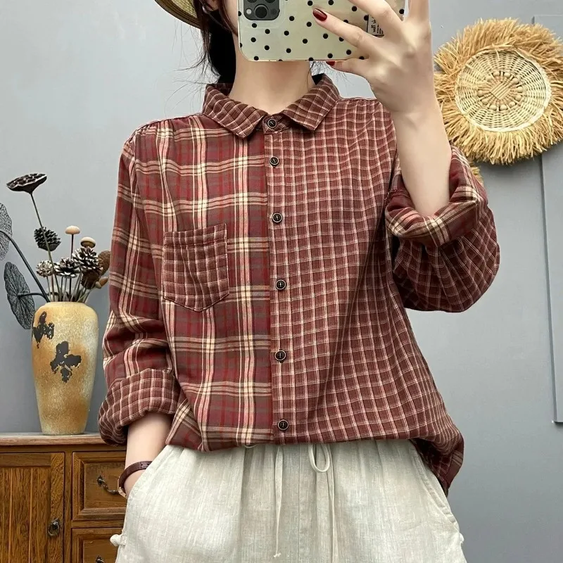 Vintage Plaid Women's Long Sleeve Shirt Loose Soft Breathable Cotton Blouse