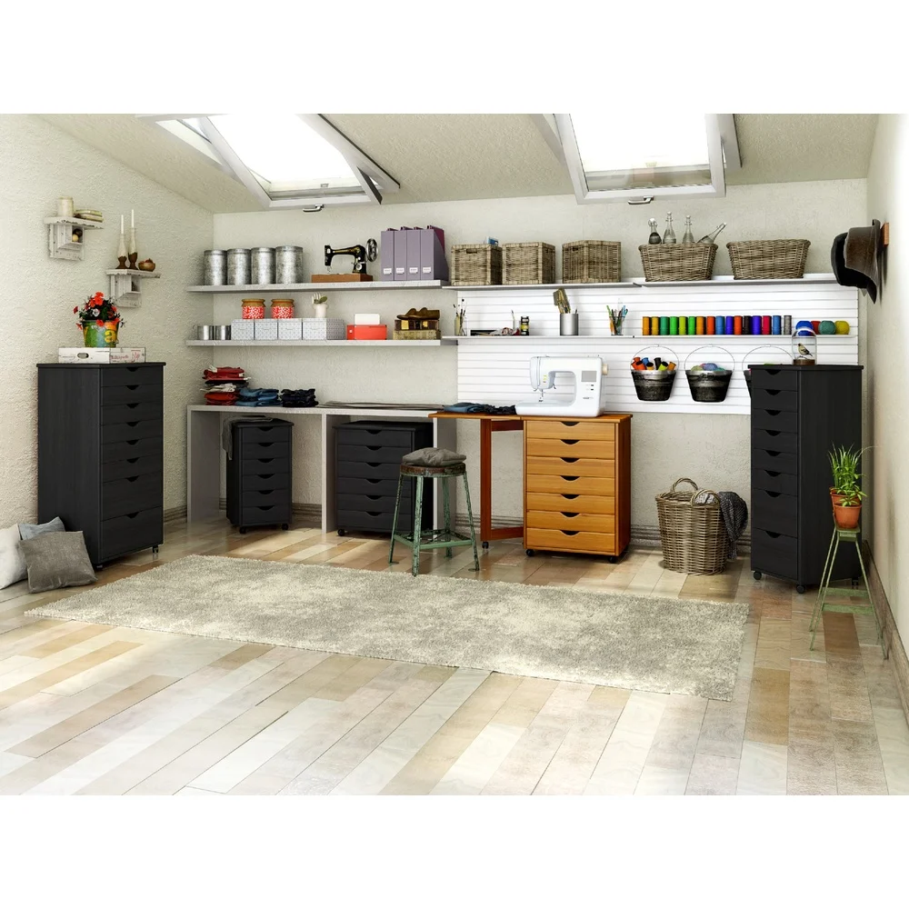 عربة أدوات متدحرجة من الخشب الصلب مع 8 أدراج لورشة تخزين الحرف اليدوية وغرفة الخياطة تتحرك باللون الأسود #3