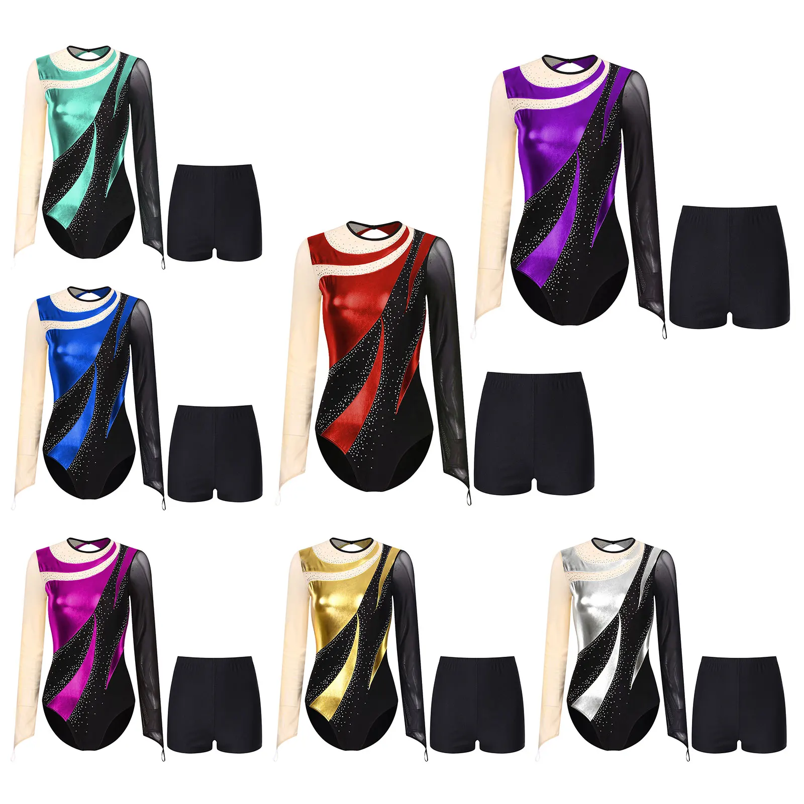 Gymnastics Leotard with Shorts Set Women Mesh Long Sleeve Ballet Acrobatics Dance Bodysuit Figure Ice Skating Jumpsuit Costumes