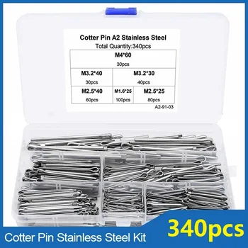 340pcs Stainless Steel Split Pin Assortment Kit M1.6M2.5M3.2M4 Tractor Open Elastic Clip Car U Shape Type Cotter Pins GB91