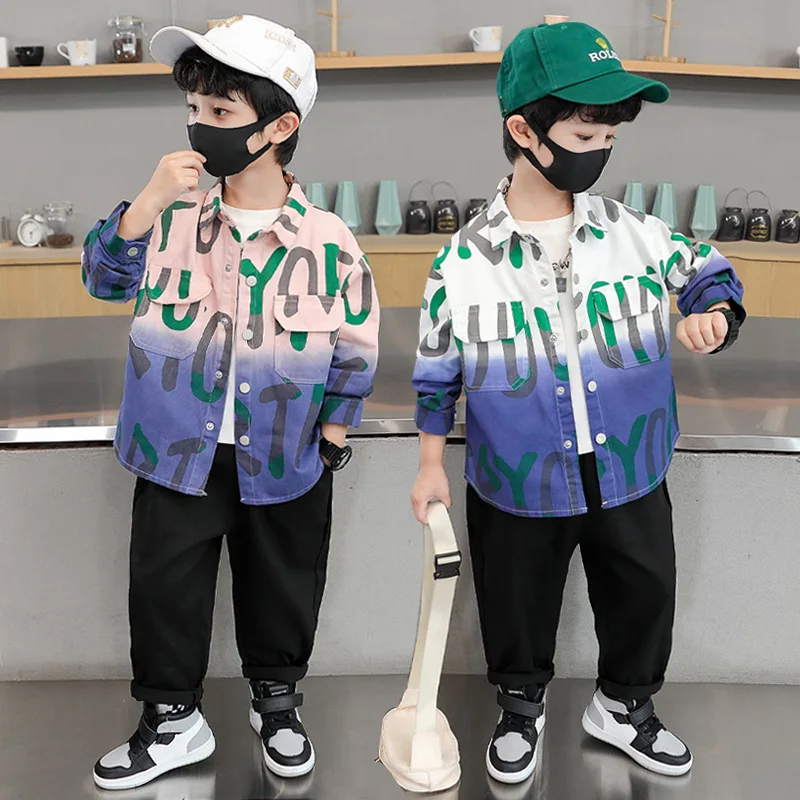 

Boys Suit Letter Gradient Shirt Set 2024 Spring and Autumn New Korean Handsome Boy Baby Trendy Childrens Clothing