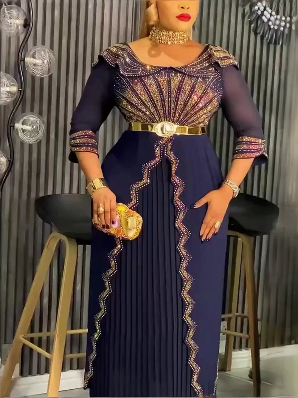 فساتين الحفلات الأفريقية مقاس كبير للنساء Dashiki الماس مطوي فستان طويل أنيق تركيا مسلم ثوب مسائي الزفاف #3