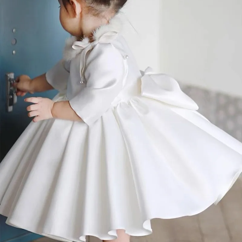 Weißes Blumenmädchenkleid aus Satin für Kleinkinder und Kinder für Hochzeit, erster Geburtstag, Zeremonie, Party, Prinzessin, Kommunion, Ballkleid für Mädchen im Alter von 1–14 Jahren – Detail 19