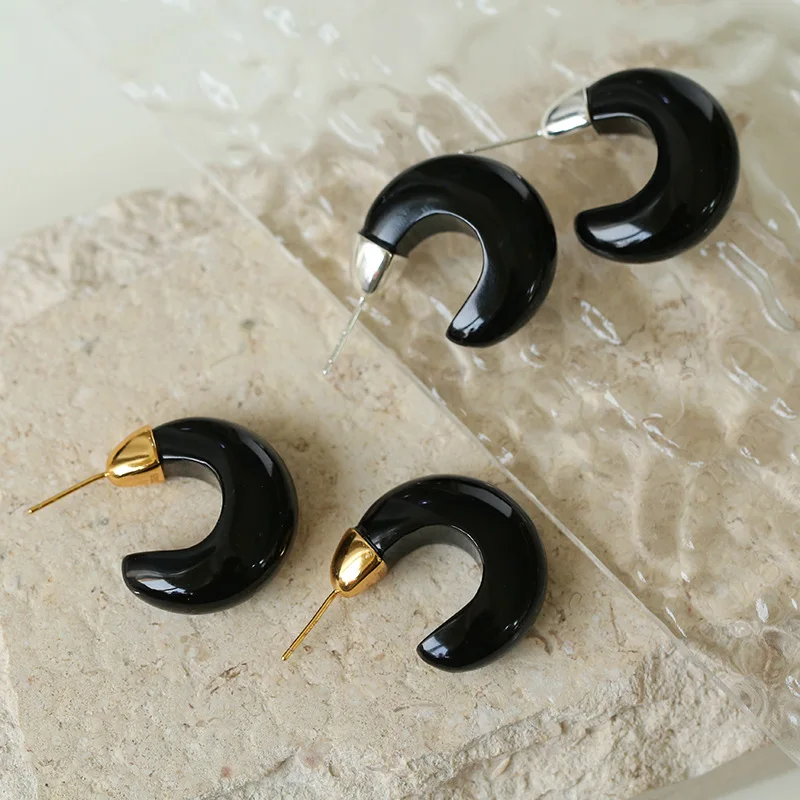 C-shaped Black Agate Drop Earrings for Women Party Jewelry Gifts