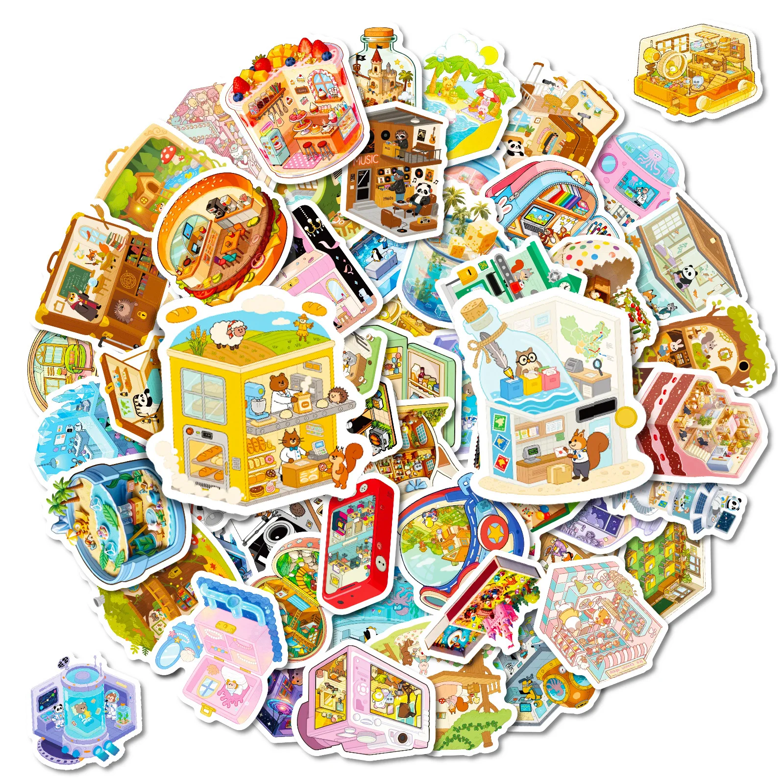 56/112 Pcs New Cartoon Series Scene Multi Theme House Stickers DIY Game for Stationery Box Notebook Phone Guitar Decals