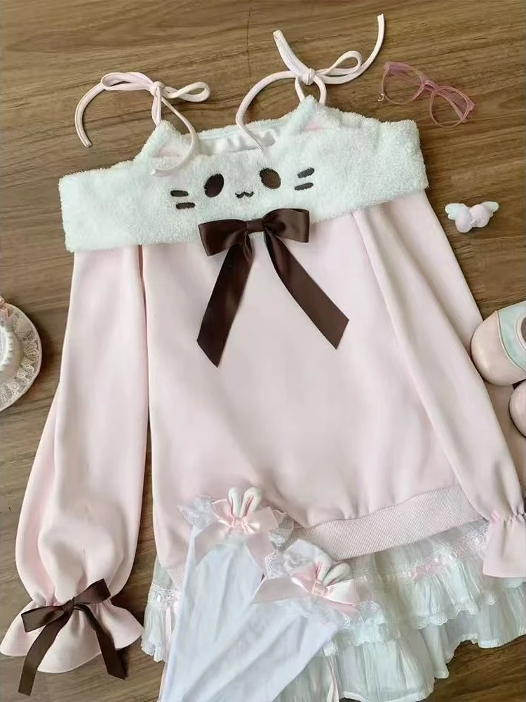 اليابانية Kawaii طويلة الأكمام الوردي هوديي المرأة الخريف الحلو القوس التطريز قبالة الكتف القمم تصميم دافئ جميل المرقعة معطف