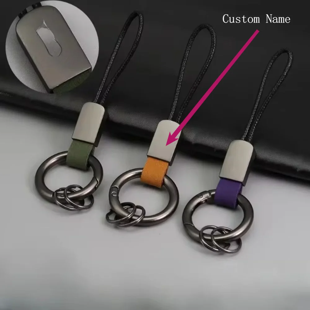 

Matte Leather Ring Keychain Fashionable Creative Personalized Customized Name Text Cowhide Keyring Anti Loss Wax Rope Gift