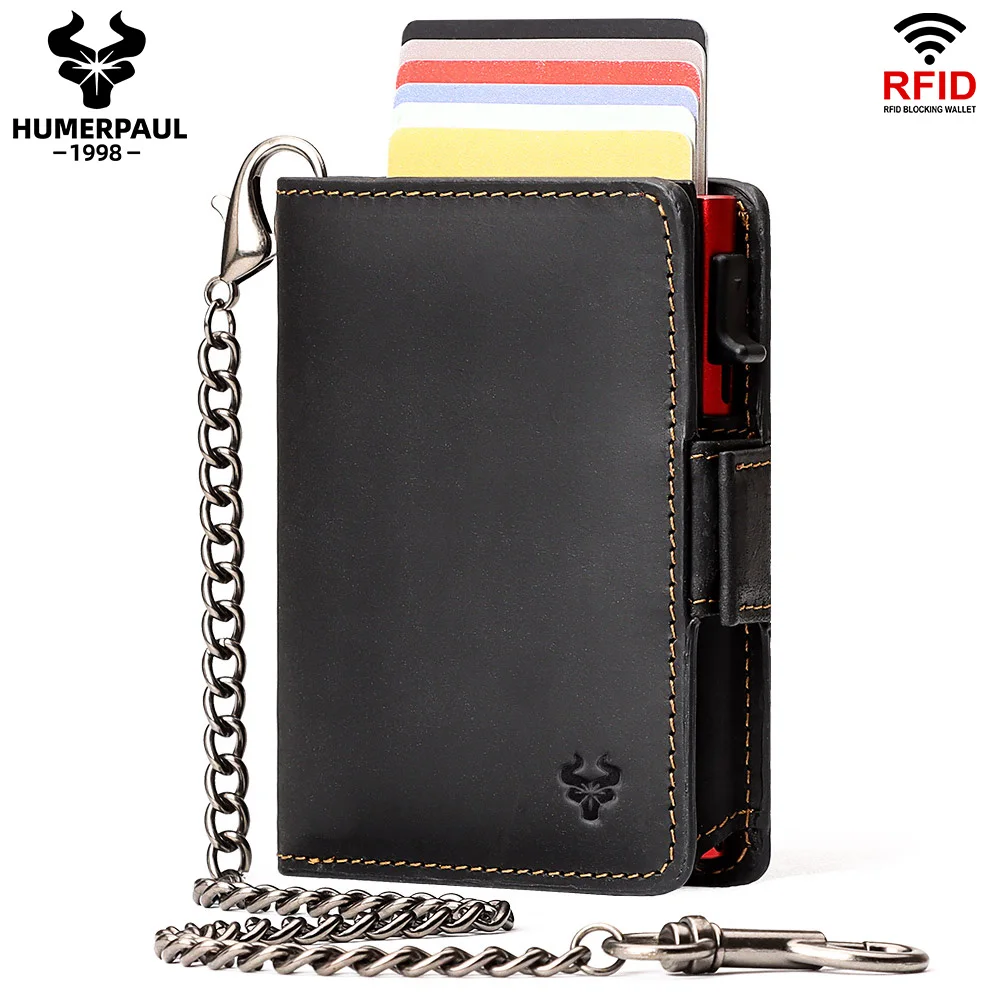 Tarjetero con protección RFID para hombre, billetera de cuero Crazy Horse con cadena de hierro, monedero pequeño con cremallera, Mini monedero para motorista