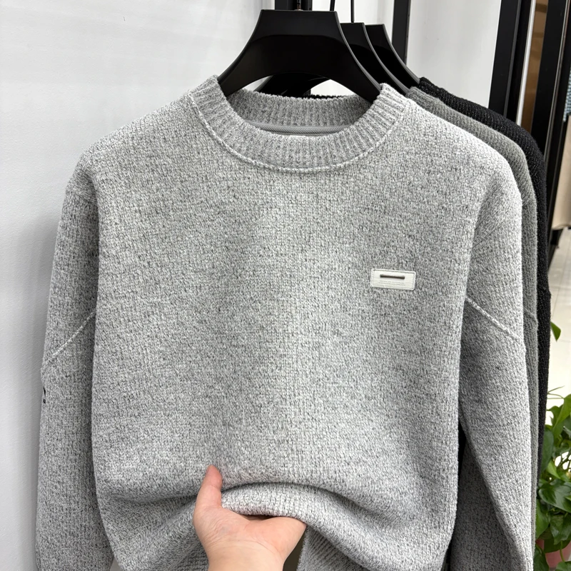 men's autumn winter high quality fleece-lined thicken long sleeves pullover round neck keep warm sweater leisure men clothing
