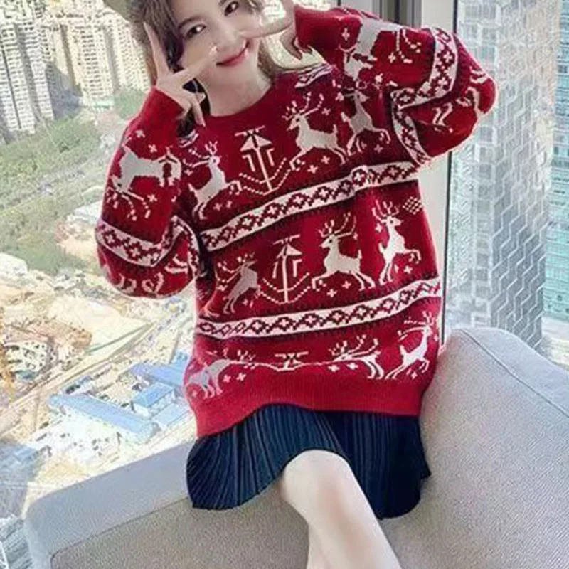 

2026 New Year's Edition Deer Pattern Sweater for Women Spring New Edition 100% Wool Pullover Loose Fashion Jacquard Women's Top