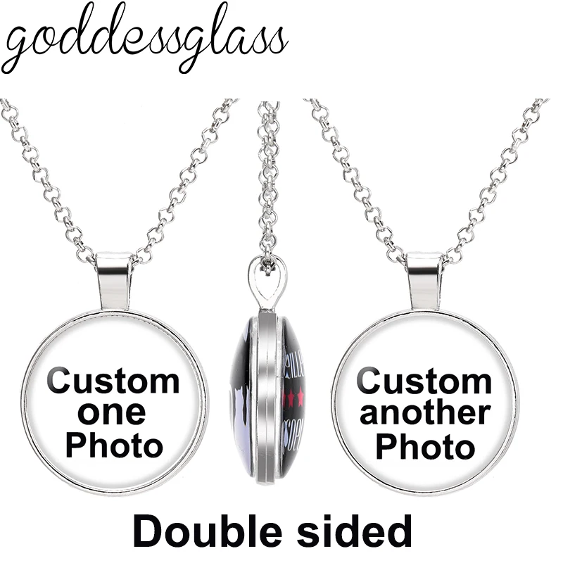 

Personalized Double-sided Custom Photo glass cabochon Pendant Necklace Bronze/Silver plated colors 60cm chains Family Logo Pets