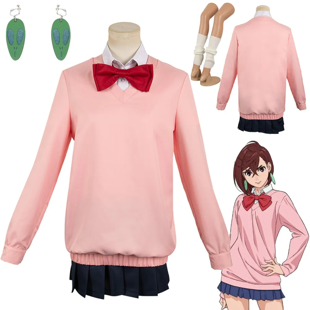 

Momo Ayase Cosplay Costume Anime DANDADAN Dress Roleplay Women Outfits Earrings Sockings Bow Tie Full Set Halloween Party Suits