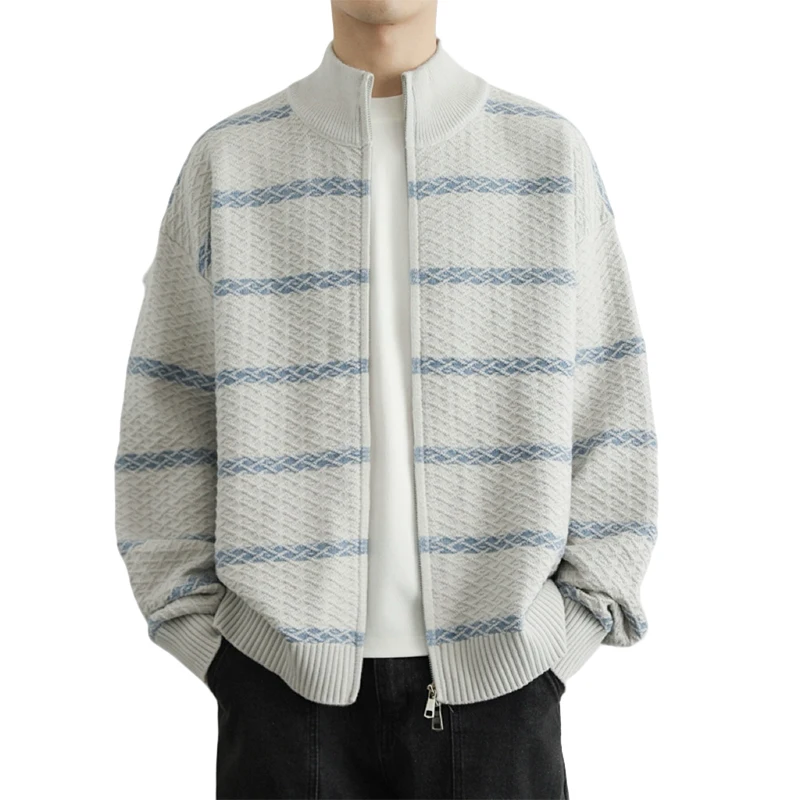 

Men Loose Version Knit Jacket New Trendy Korean Style Striped Sweater Coat Young Man Double Zipper Sweater Long Sleeve Outwear