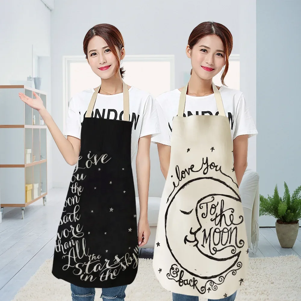 1 Pcs 55x68cm Apron Kitchen Moon Sun Kitchen Aprons Cotton Linen Bibs Household Cleaning Pinafore Home Cooking Apron for Women