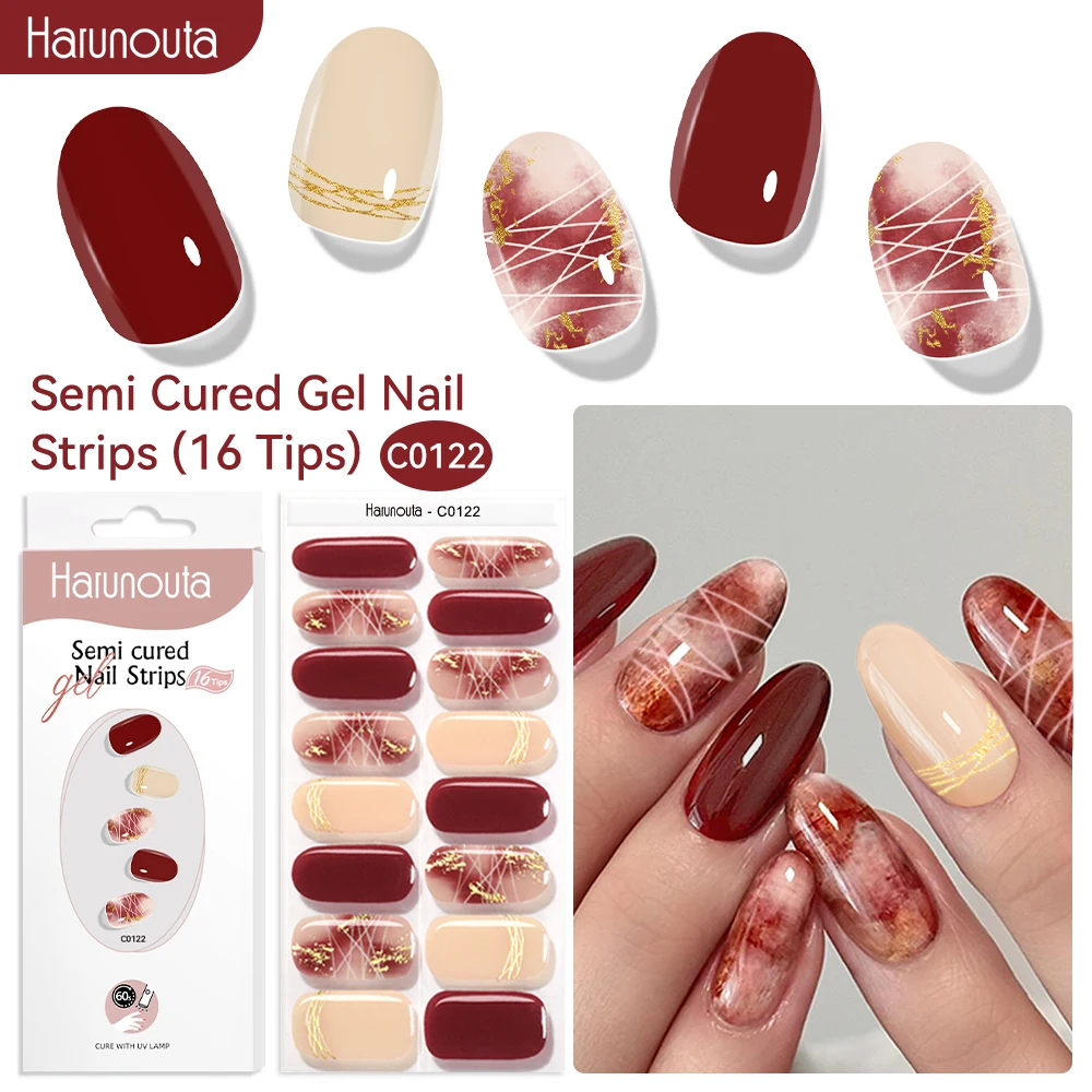 

16strips Gradient Red Marble Gold Line Semi Cured Gel Nail Strips DIY Gel Polish Stickers for Nails Work with UV/LED