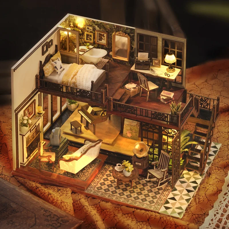 

Dollhouse Casa Penthouse Miniature Items Building Model with Furniture Retro Style Duplex Apartment Manual BJD Doll Houses Toys