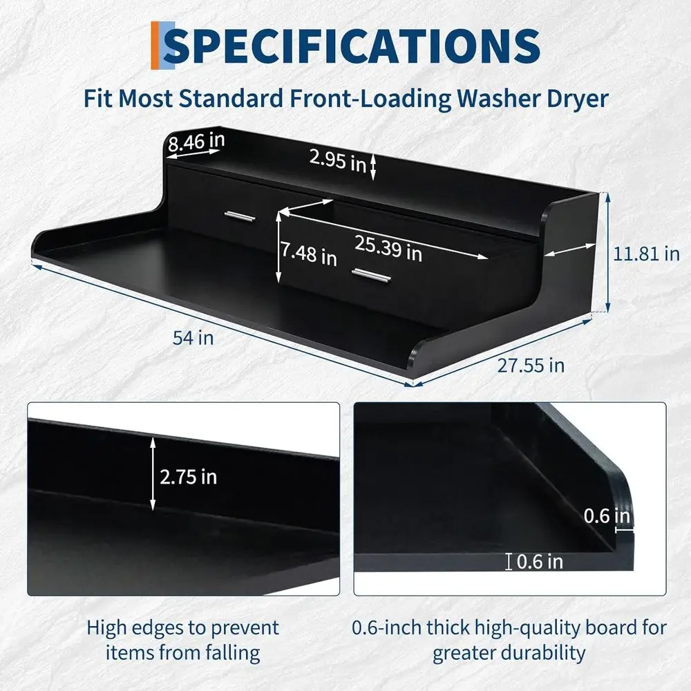 Encimera para lavadora secadora de 2 niveles con 2 cajones, encimera de madera para lavandería con rieles de borde de 2,75 H, cubierta impermeable para lavadora secadora con ingenio