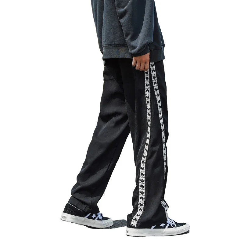 Ice Silk Striped braided tape Wide-leg Pants Men Spring Summer Fashion Oversized Loose Straight Male Trousers 5XL-M