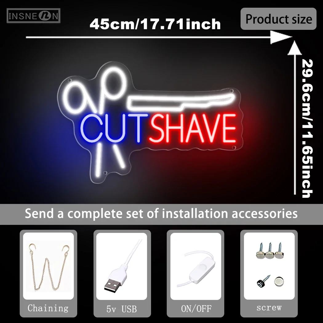 CUT SHAVE Neon Sign LED Neon Light for Hair Salon Barber Shops Beauty Salons Storefront Wall Decor Comb and Scissors Sign Light