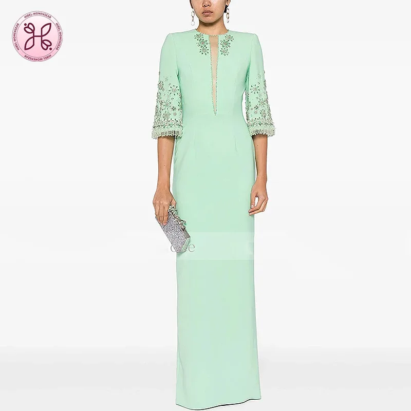 2025 Mint Green Evening Gown - Sheer Panel Beaded Long Sleeve Maxi (Women's Luxury Formal Dress)
