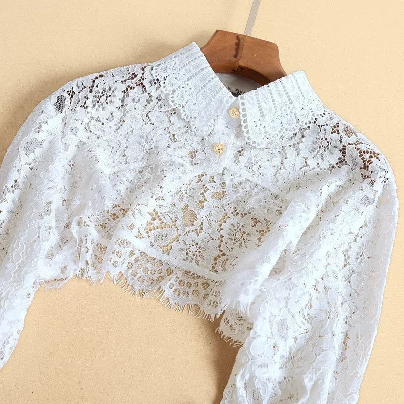 Lace Shrugs Long Sleeves Sweater Bolero Collar Crop Tops Women Button Under Knit Shirt Without Tube Open Front Short Cardigan