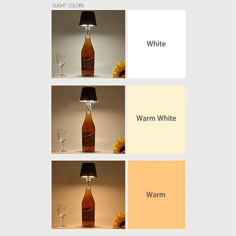 Lámpara de mesa inalámbrica táctil, luz LED para botella, 3 colores, para interiores y exteriores, restaurantes y bares