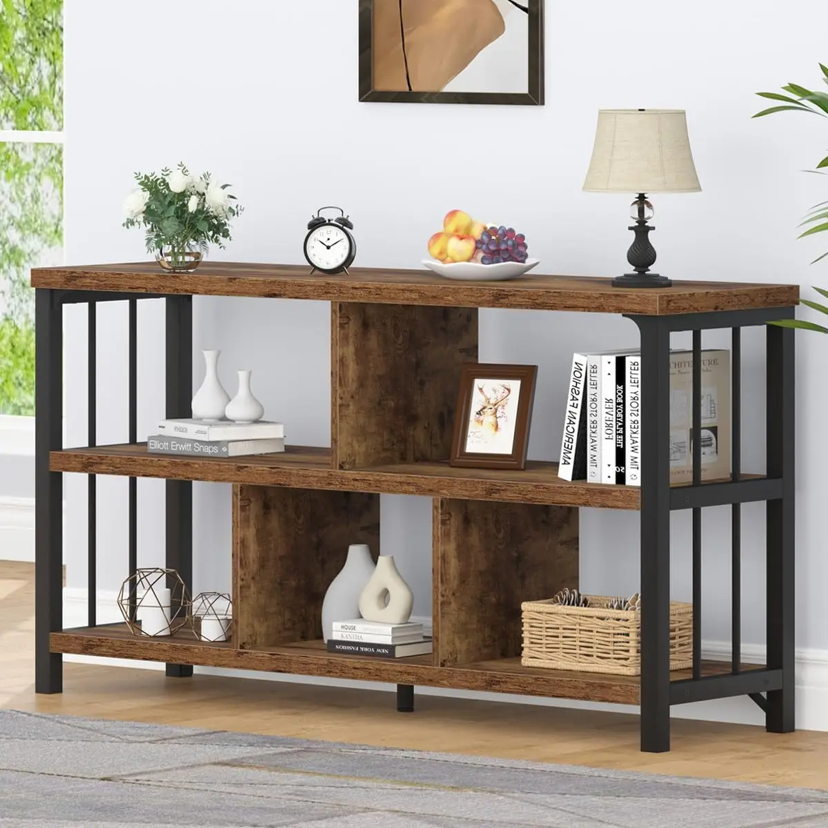 3 Tier Open Book Shelf, Wood and Metal 5 Cube Storage Organizer, Modern Low Horizontal Bookshelf for Bedroom Living